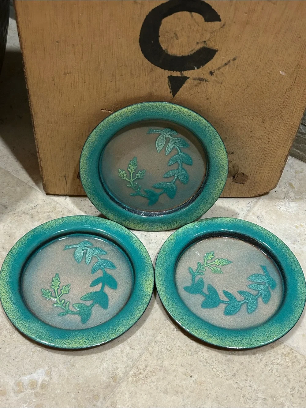 vintage handmade enamel on copper decorative Drink Coaster Set of 3